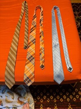 Haggar Orange Plaid, Tan Stripe & Light Blue Dot Necktie Set